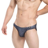 Dark gray metro malewear senal bikini briefs with zigzag pattern and small black logo on waistband