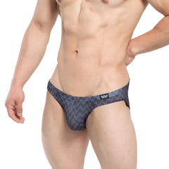 Dark gray metro malewear senal bikini briefs with zigzag pattern and small black logo on waistband
