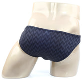 MetroMaleWear Senal lowrise bikini swim trunks in dark blue with subtle zigzag pattern ideal for beachwear