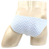 MetroMaleWear Senal lowrise bikini cotton briefs in light blue and gray zigzag pattern displayed on a mannequin