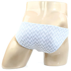 MetroMaleWear Senal lowrise bikini cotton briefs in light blue and gray zigzag pattern displayed on a mannequin