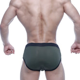 Olive green mesh briefs with black elastic waistband and trim from MetroMaleWear Sencillo Brief 5203-26