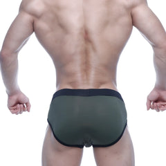 Olive green mesh briefs with black elastic waistband and trim from MetroMaleWear Sencillo Brief 5203-26