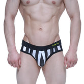 MetroMaleWear Sencillo Brief Mundial 5203-41 black and white striped men’s briefs with black waistband and neon green mew logo