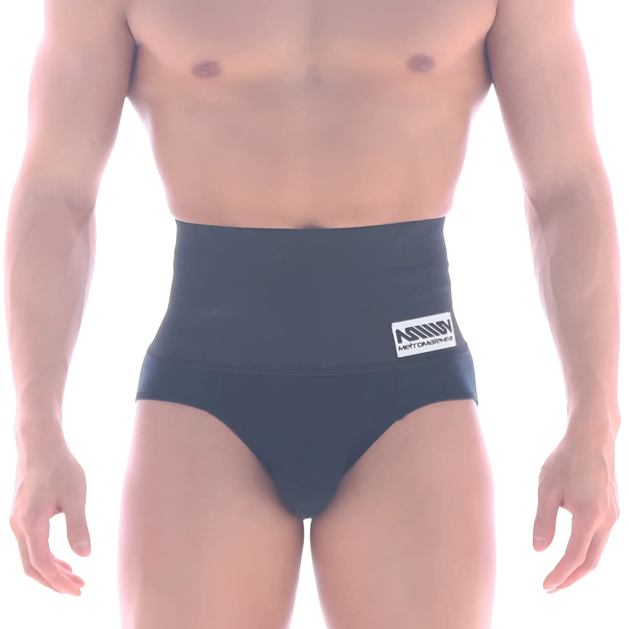Black MetroMaleWear shaper hip brief 5003-80 with high waist and white logo patch on waistband