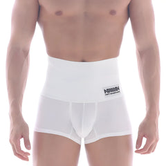 White men’s high-waisted boxer briefs with branded waistband label metro male wear shaper hip trunk white 3022-81
