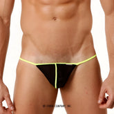 Black mesh thong with neon yellow trim by metromalewear sheer fun string lime 5014-07 front view