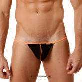 MetroMaleWear sheer fun string thong in black mesh with bright orange trim and small brand tag front view