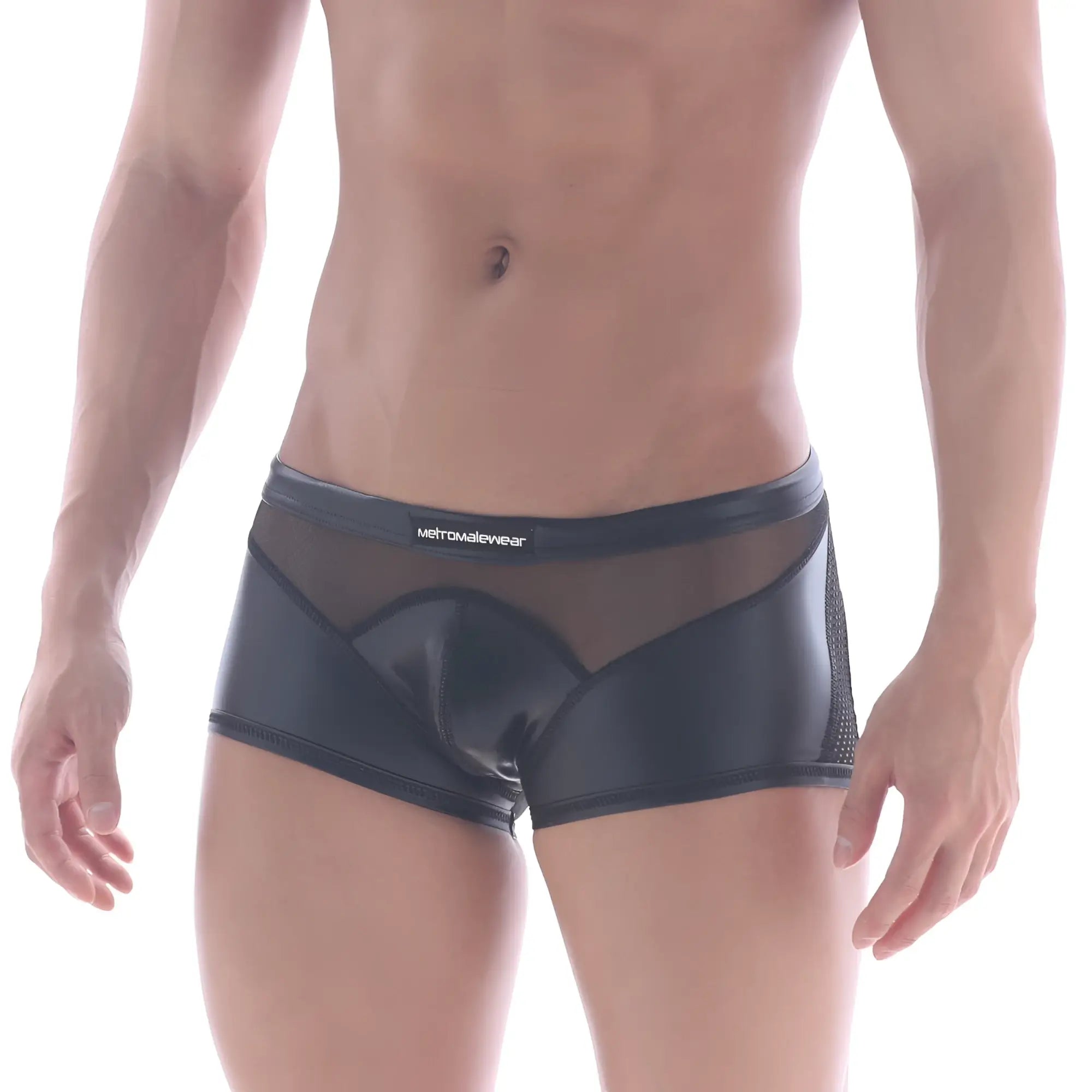 MetroMaleWear sheer hip trunk black 2313-20 black glossy mesh briefs with sleek form-fitting design and subtle waistband branding
