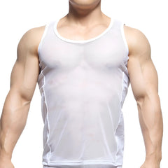 MetroMaleWear sheer runner tank top white with round neckline and subtle side seam detailing in sheer mesh material