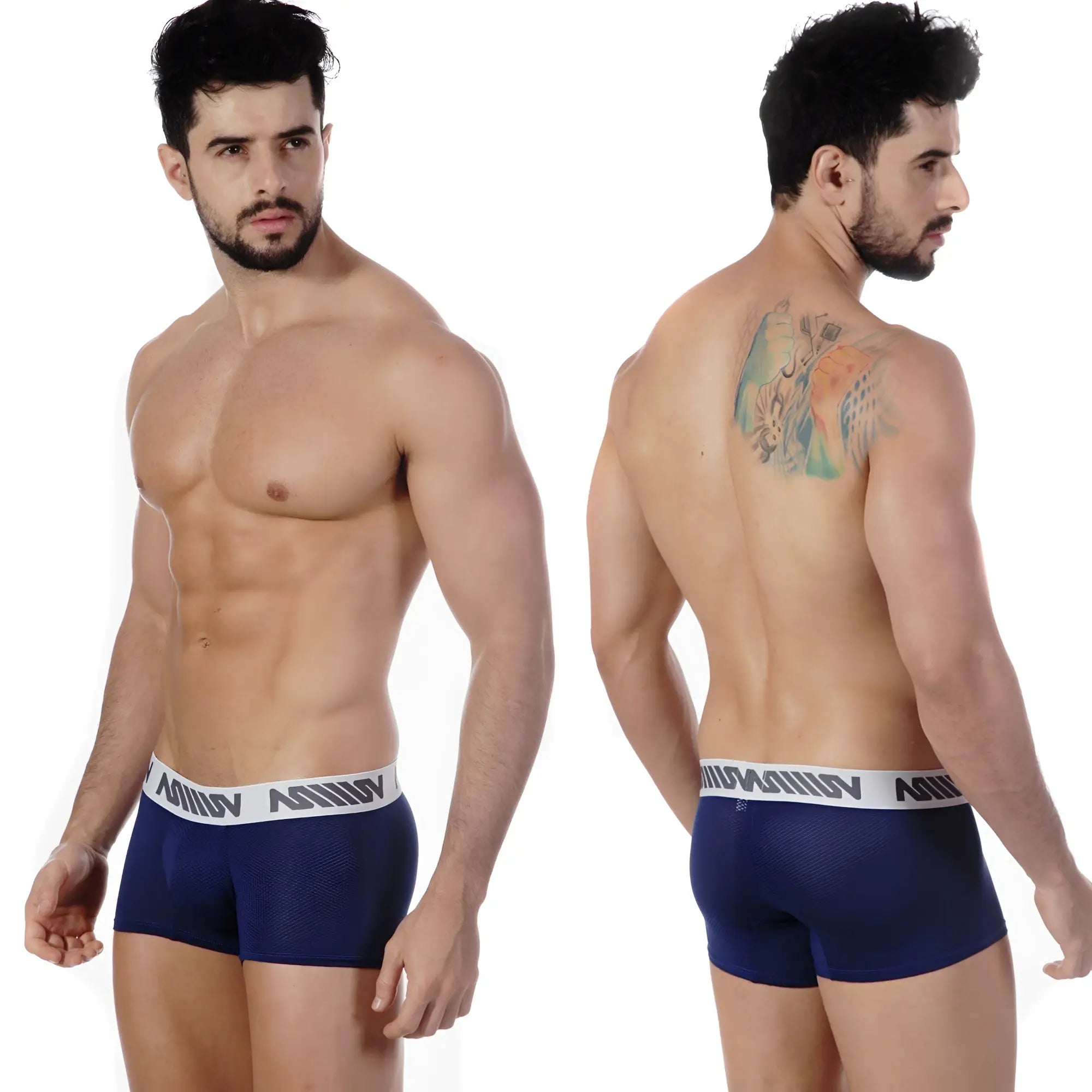 Navy blue mesh MetroMaleWear short boxer briefs with white elastic waistband featuring black brand lettering
