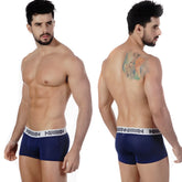 Navy blue mesh MetroMaleWear short boxer briefs with white elastic waistband featuring black brand lettering