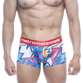 MetroMaleWear short boxer atractivo 7 inch vibrant blue pink white graffiti style with red waistband logo