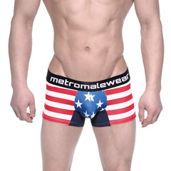 MetroMaleWear short boxer Avengers 7 inch men’s boxer briefs in red white and blue American flag design with black waistband