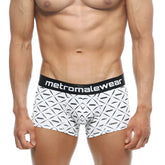 White men’s boxer briefs with black geometric and mustache pattern and metromalewear branded elastic waistband