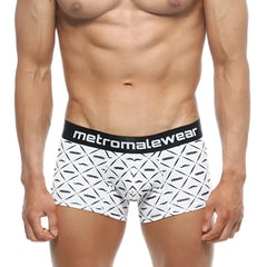White men’s boxer briefs with black geometric and mustache pattern and metromalewear branded elastic waistband