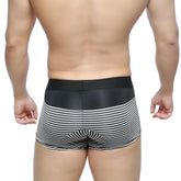 Black and white striped MetroMaleWear short boxer briefs with smooth elastic waistband and 7 inch inseam
