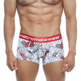 White boxer briefs with bold red and black floral pattern and red metromalewear branded waistband metro malewear short boxer escobar 7인치 2022 09