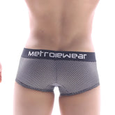 Black and gray mesh metro male wear briefs with honeycomb texture and black waistband with metrowear logo in white