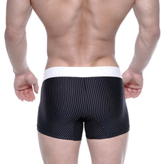 Black pinstripe MetroMaleWear short boxer briefs with white waistband Lucas 7인치 2022-43 front view cotton blend
