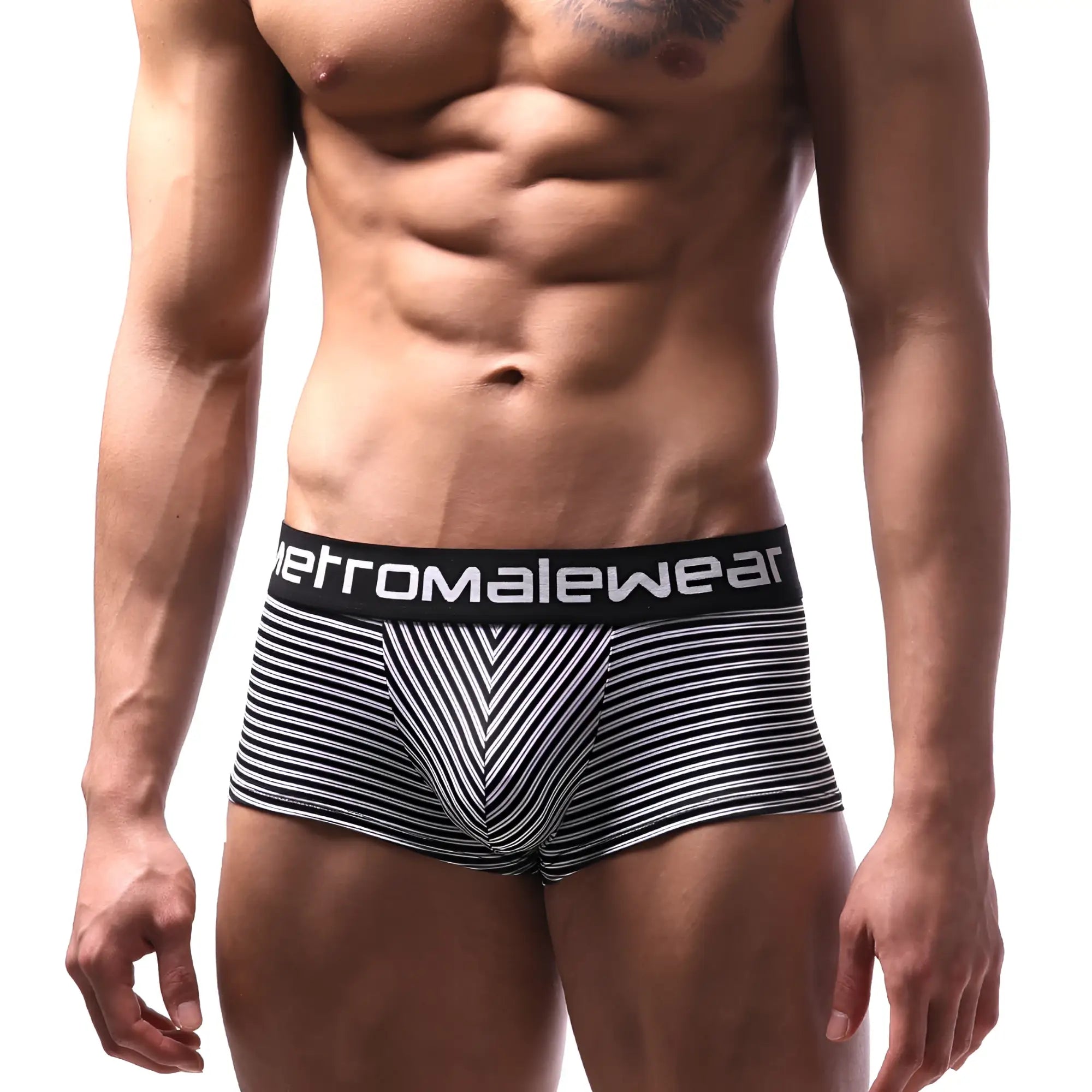 Black and white striped men’s briefs with bold geometric pattern and metromalewear waistband metroMaleWear Short Boxer Luces 2026-41