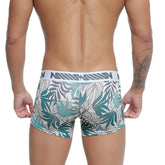 MetroMaleWear short boxer Meadow 7 inch tropical leaf patterned boxer briefs in teal gray and white with branded waistband