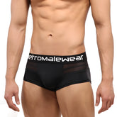 Black men’s briefs with white metromalewear waistband and mesh side panels in black metro-malewear short boxer mesh design
