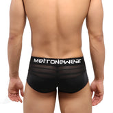 Black mesh briefs with solid black waistband featuring metroMaleWear logo in white from metroMaleWear short boxer mesh 2026-50
