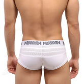 White men’s briefs metroMalewear short boxer mesh in white with gray logo band and breathable mesh detailing
