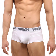 White metroMalewear short boxer mesh briefs with gray logo waistband band designed for comfort and breathability