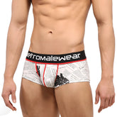 White briefs with newspaper print design black and red trim and retromalewear brand on waistband MetroMaleWear Short Boxer Periodico 2026-72