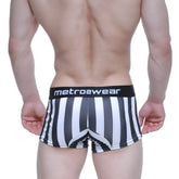Black and white striped MetroMaleWear short boxer briefs with a black waistband featuring the metro2wear logo