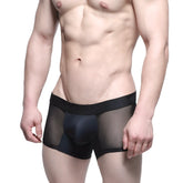 Black mesh metroMalewear short boxer briefs with solid black waistband and meow logo in 7 inch length