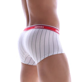 White men’s briefs with black vertical stripes and red vivi waistband metroMalewear short boxer stripe 7 inch 2022-71