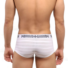 White striped mesh briefs with gray elastic waistband featuring a repeating logo pattern