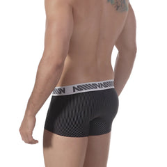 Black pinstripe boxer briefs with white elastic waistband and bold MetroMaleWear brand name for comfortable daily wear