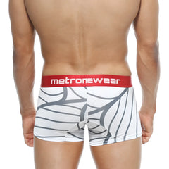 White boxer briefs with gray abstract leaf pattern and red metronewear waistband metroMalewear short boxer web 7 inch