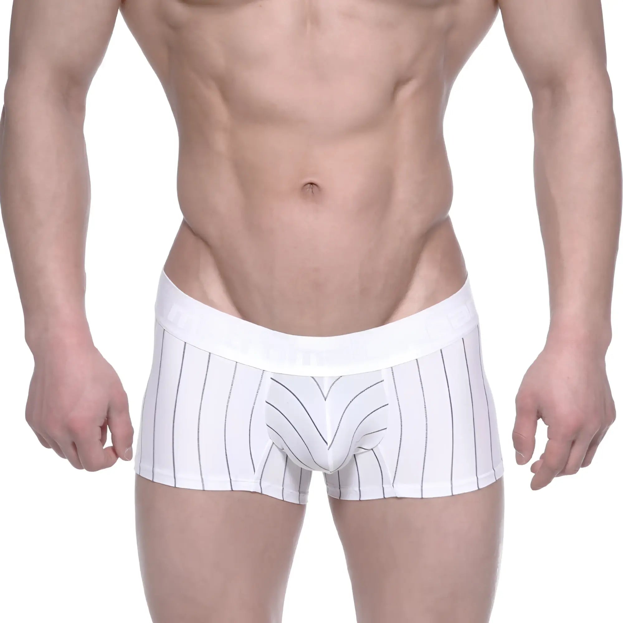 White boxer briefs with thin black vertical stripes and white elastic waistband metroMalewear short boxer 7 inch