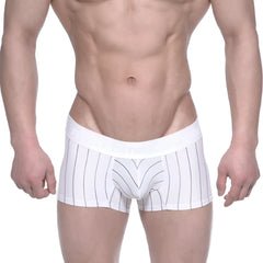 White boxer briefs with thin black vertical stripes and white elastic waistband metroMalewear short boxer 7 inch