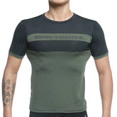 MetroMaleWear SIB tank top green 4127-26 dark green and black athletic short sleeve t shirt with mesh chest panel text strong is beautiful