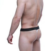 Black metroMalewear silk loose thong with subtle logo waistband band showing back side in ivory color