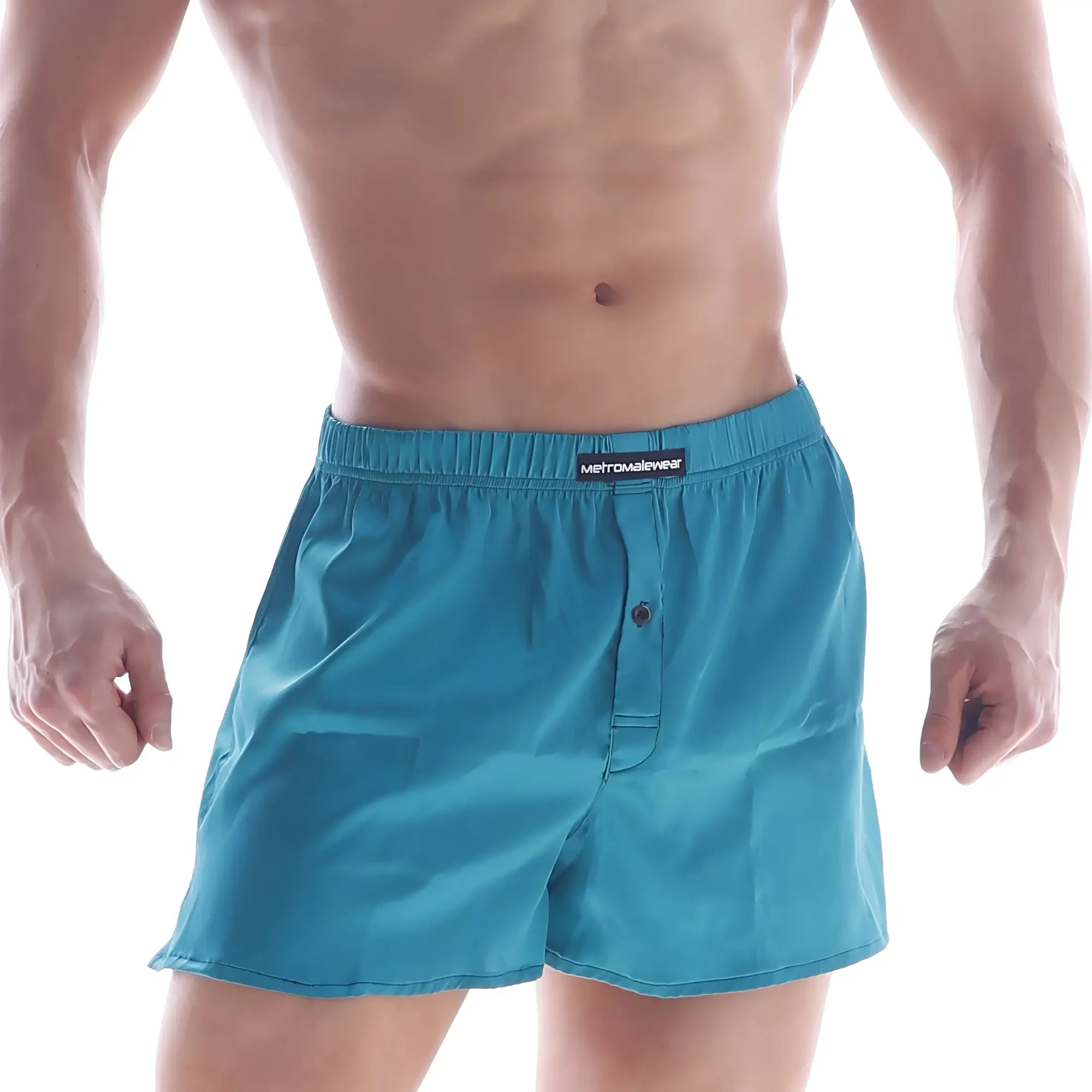Teal elastic-waist silk satin boxer shorts with button closure and metromalewear label on waistband