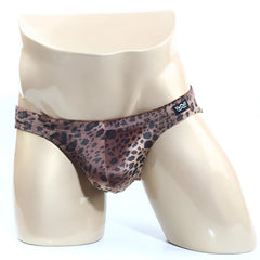 MetroMaleWear Silvestre Bikini 5103-M23 leopard-print men’s briefs in mauve and black satin fabric with branded waistband patch