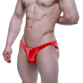 Vibrant red velvet MetroMaleWear Sindbad bikini briefs with a sleek, form-fitting design for comfortable wear