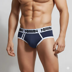 MetroMaleWear Sistonia hip brief in navy blue and white with a bold black logo waistband for athletic wear