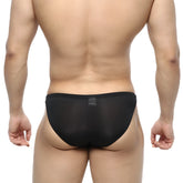 Black sheer mesh briefs metroMalewear slim bikini with subtle brand tag at waistband front view