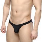 Black sleek form-fitting MetroMaleWear slim bikini thong made of smooth stretchy fabric showing the back side