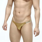 MetroMaleWear slim bikini shiny gold metallic thong with sparkling silver trim along the waistband