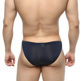 Navymalewear slim bikini briefs in navy blue sheer mesh highlighting the front design and slim fit style