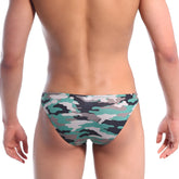 MetroMaleWear slim hip bikini swim trunks in green gray and black camouflage pattern ideal for swimming and beachwear